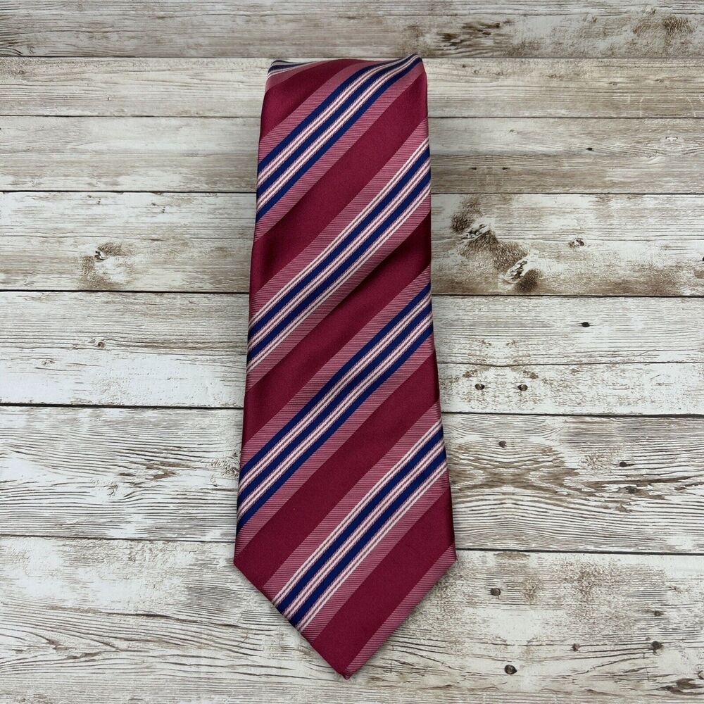 Josiah France 100% Silk Striped Neck Tie - Red Pink Navy